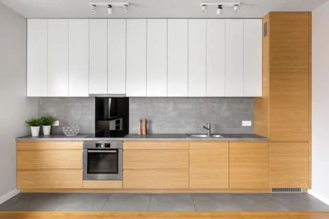 Kitchen with grey tiling Stock Photos