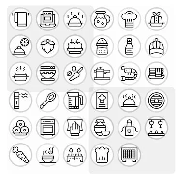 Kitchen Grid Fitted Vector Set with 35 64x64 Regular Line Icons 스톡 일러스트