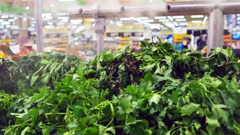 Kitchen herbs in supermarket baskets with steam irrigation system Stock Footage 149189063