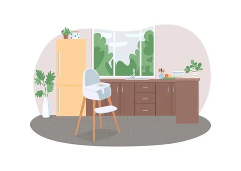Kitchen with highchair 2D vector web banner, poster Stock Illustration