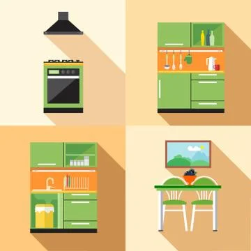 Kitchen home decoration set, flat style. Digital vector image Stock Illustration