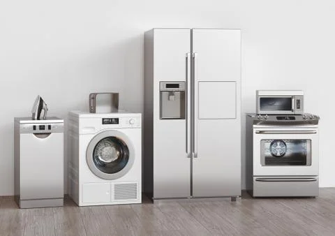 Kitchen household appliances, 3d rendering. Assistance concept Stock Illustration