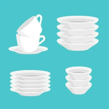 Kitchen household cutlery clean teacups and white ceramic plate stacked vec.. Illustrazione stock