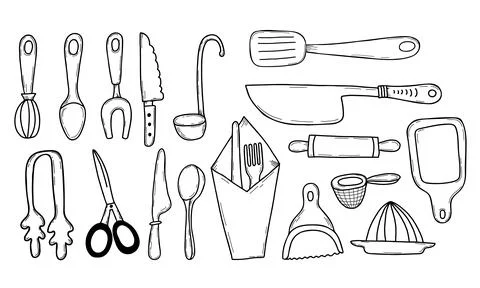 Kitchen icon set. Lines kitchen cooking tools and appliances, kitchenware, spoon Stockillustratie
