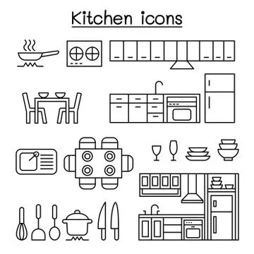 Kitchen icon set in thin line style Stock Illustration