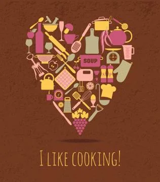 Kitchen icons set of tools in heart on dark Stockillustratie