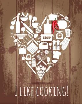 Kitchen icons set of tools in heart on wooden Stock Illustration