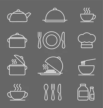 Kitchen icons set, White on a dark gray background vector icons in thin line  Stock Illustration