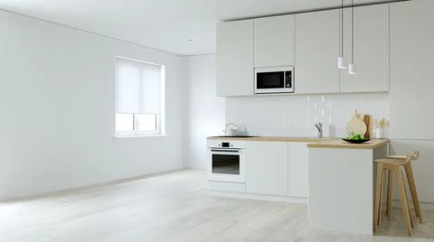 Kitchen interier. 3D rendering of a bright kitchen. 스톡 일러스트