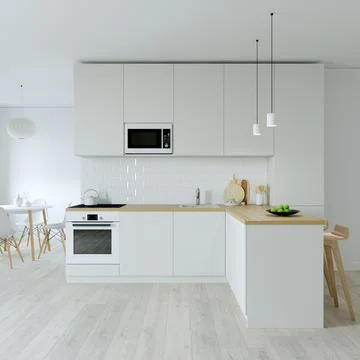 Kitchen interier. 3D rendering of a bright kitchen. Stock-Illustration