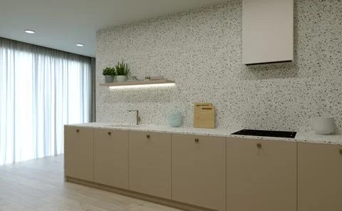 Kitchen interier. 3D rendering of a bright kitchen. 스톡 일러스트