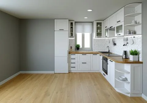 Kitchen interier. 3D rendering of a bright kitchen. 스톡 일러스트