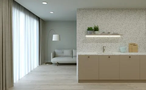Kitchen interier. 3D rendering of a bright kitchen. 스톡 일러스트
