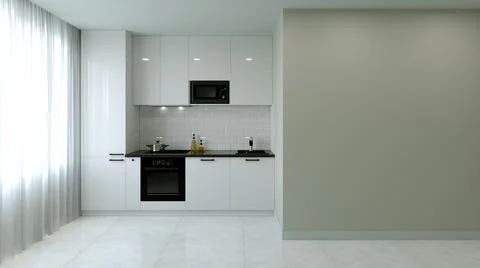 Kitchen interier. 3D rendering of a bright kitchen. Illustrazione stock