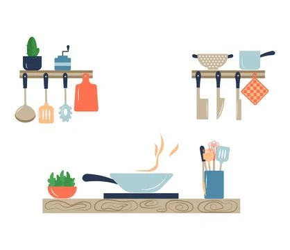 Kitchen interier. Cooking worktop with stove, frying pan, cutting board Stock Illustration