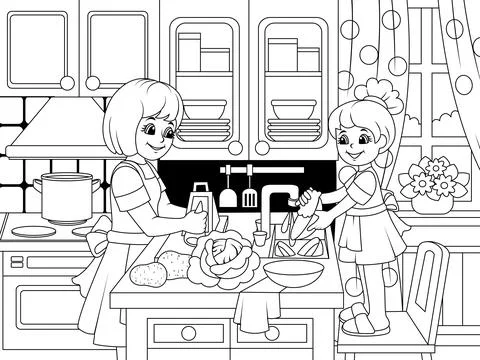 Kitchen interier. Mom teaches her daughter how to cook, wash dishes and do Stock Illustration