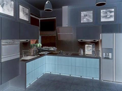 Kitchen interior. 3d illustration, render 스톡 일러스트