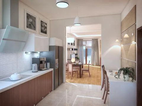 Kitchen interior. 3d illustration, render Illustrazione stock
