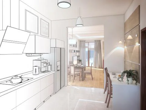Kitchen interior. 3d illustration, render Illustrazione stock