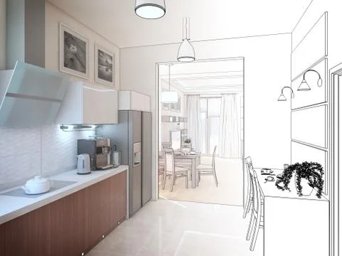 Kitchen interior. 3d illustration, render Illustrazione stock