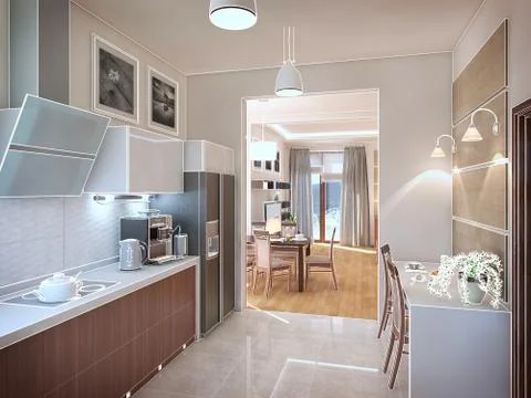 Kitchen interior. 3d illustration, render Stock Illustration