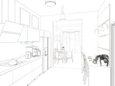 Kitchen interior. 3d illustration, render Illustrazione stock