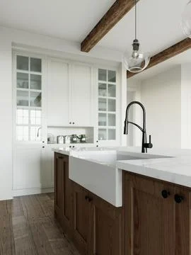 Kitchen interior accented by a kitchen sink on an island. 3D rendering Illustrazione stock