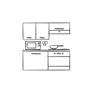 Kitchen interior and appliances hand drawn outline doodle icon. Illustrazione stock