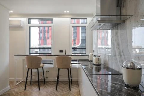 Kitchen interior bar counter stools Stock Photos
