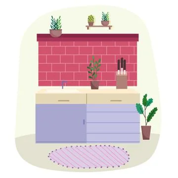 Kitchen interior brick wall knives cabinets knives potted plants design Stock Illustration