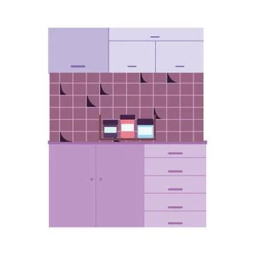 Kitchen interior broken tiled wall condiments bottles cabinets and cupboard Stock Illustration