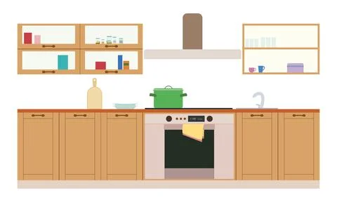 Kitchen interior in brown. Flat design, vector illustration. Stock Illustration