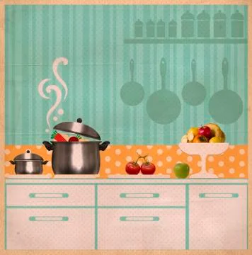Kitchen interior collage.retro card on old paper Illustrazione stock