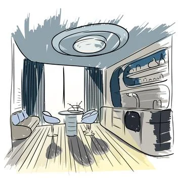 Kitchen interior concept. A linear sketch painted with careless strokes. Stock Illustration