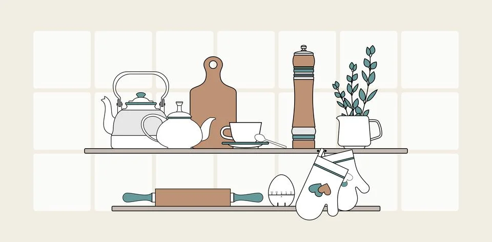 Kitchen interior concept vector isolated. Modern minimalist kitchen shelves. Stock Illustration