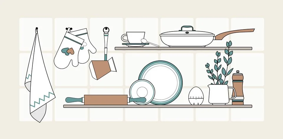 Kitchen interior concept vector isolated. Modern minimalist kitchen shelves. Stock Illustration