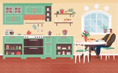 Kitchen interior. A cosy kitchen interior concept fosters warm atmosphere for Stock Illustration