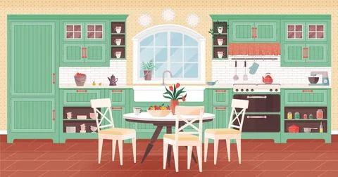 Kitchen interior. Create homely dining room with comfy furniture for memorable Stock Illustration