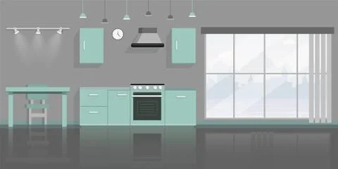 Kitchen interior decor flat vector illustration. Clean empty dining room Stock Illustration