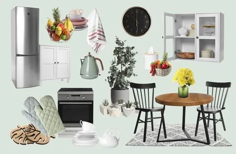 Kitchen interior design. Collage with different combinable furniture and de.. 스톡 사진