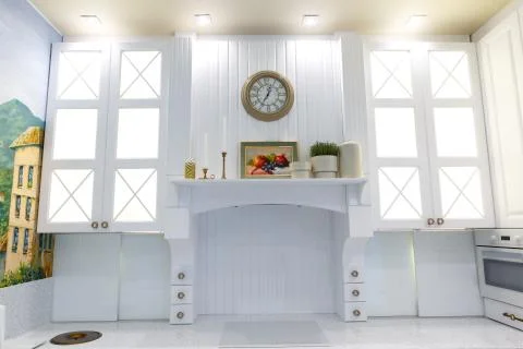 Kitchen interior design. White cabinets with drawers. Stock Photos