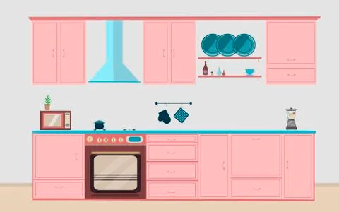 Kitchen interior, dining flat illustration Stock Illustration
