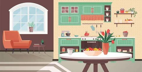 Kitchen interior. The dining room complements kitchen interior, creating Stock Illustration