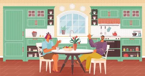 Kitchen interior. The dining room, extension kitchen, completes homely ambiance Stock Illustration