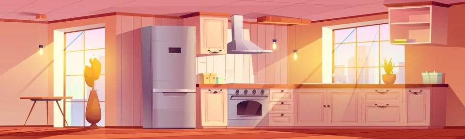 Kitchen interior with dining table, fridge, stove Stock Illustration