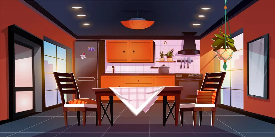 Kitchen interior with dining table illustration Illustrazione stock