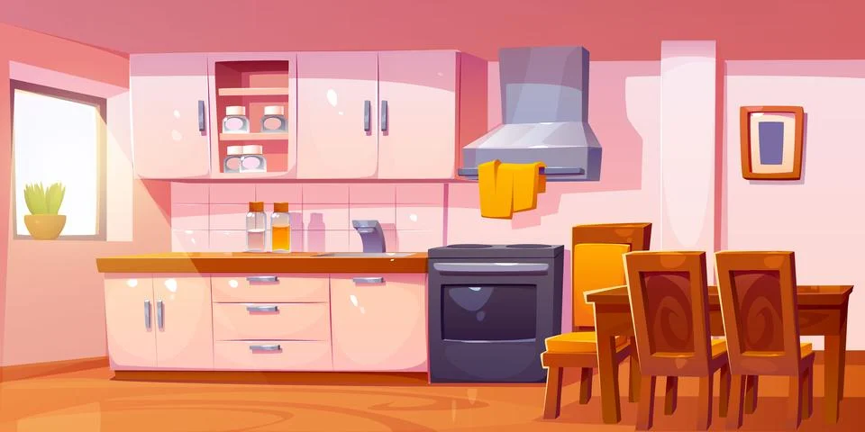 Kitchen interior with dining table, oven, hood Stock Illustration