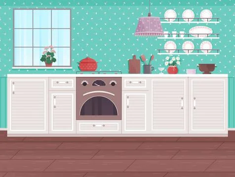 Kitchen interior. The domestic kitchen, adorned with stylish decor, becomes Stock Illustration