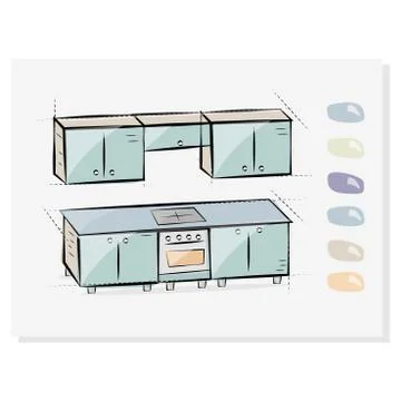 Kitchen interior drawing, vector illustration. Button choosing colors of Stock Illustration