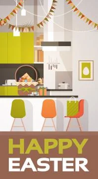 Kitchen Interior Easter Basket Decorated Colorful Eggs Holiday Symbols Greeting Stock Illustration